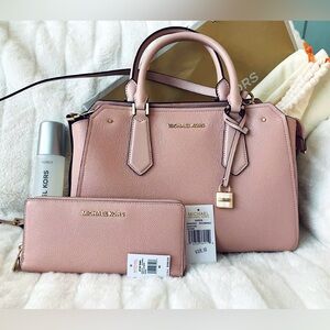 Michael Kors Hayes Pink Leather Satchel + Jet Set Travel Wallet NWT Bundle